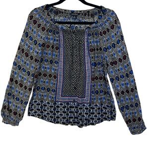 Lucky Brand Boho Peasant Blouse Geometric Print Long‎ Sleeve Size s